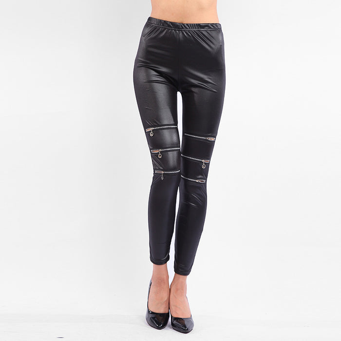 Elastic Waist Cropped Pants All Match Black Skinny Slim Looking Ripped Zipper Sexy Women  Clothing Pants