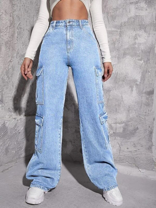 Multi Bag Jeans Women High Waist Straight Leg Pants Washed Loose Denim Trousers