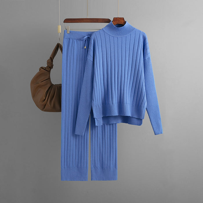 Women Clothing Autumn Winter Sunken Stripe Mock Neck Sweater Suit Solid Color Loose Warm Pullover Two Piece Set