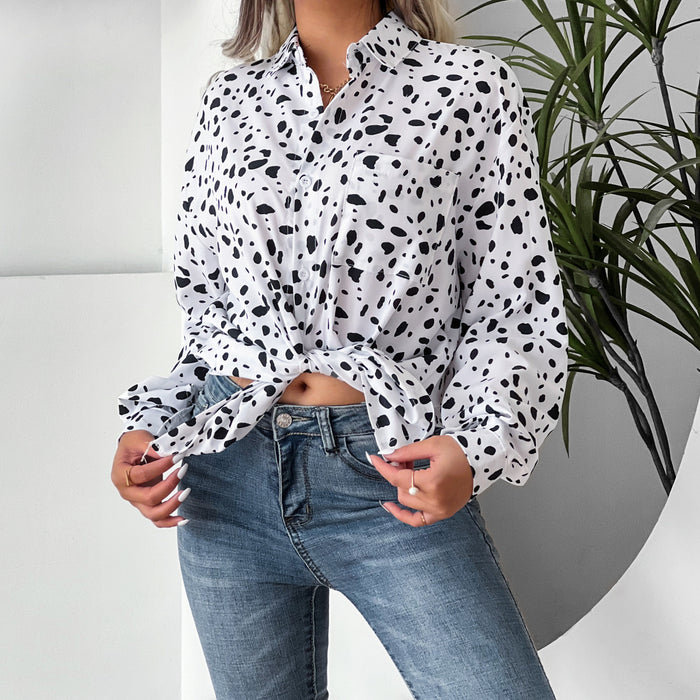 Women Clothing Collared Print Shirt Long Sleeve Leopard  Casual Print