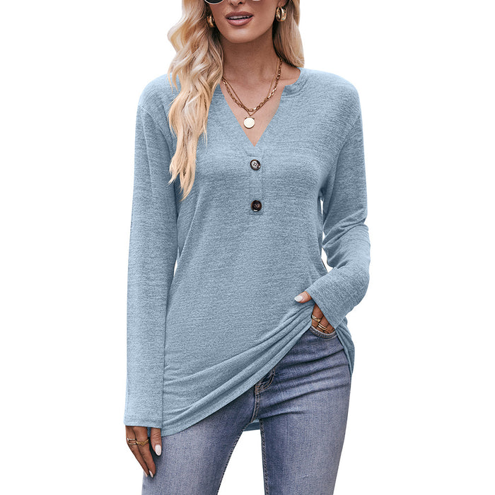 Autumn Women Clothing Casual V neck Button Brushed T shirt Long Sleeve Top