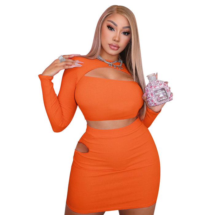 Spring Women Clothing Sexy Hollow Out Cutout Tight Skirt Long Sleeve T shirt Suit