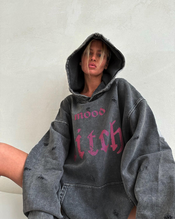 Street Worn Looking Washed-out Broken Letters Printed Hoodie Women Autumn Lazy Loose Pocket Coat