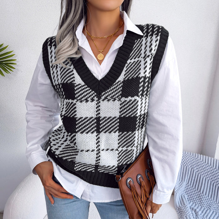 Autumn Winter Casual Color Contrast Check Knitted Vest Sweater Vest Women Clothing