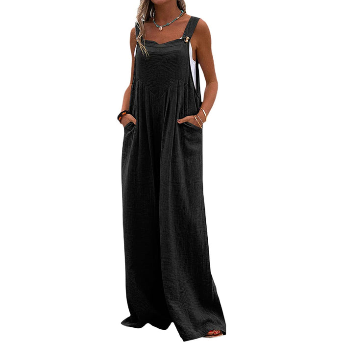 Summer Casual Loose Overalls Pocket Cotton Linen Breathable Wide Leg Pants Home Commuting Pants