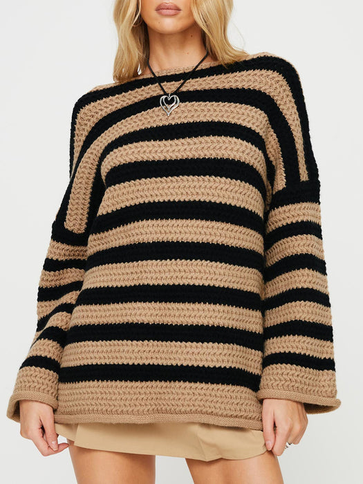 Autumn Winter Coat Loose off Shoulder Striped Long Sleeved Knitted Pullover Casual Sweater for Women