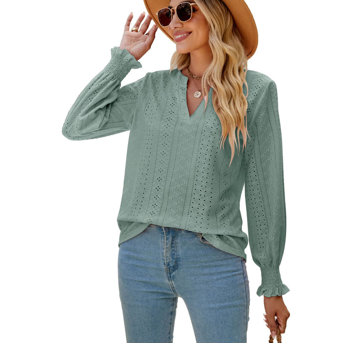 Solid Color Hollow Out Pleated Ruffle Sleeve V neck Loose Long Sleeve Top