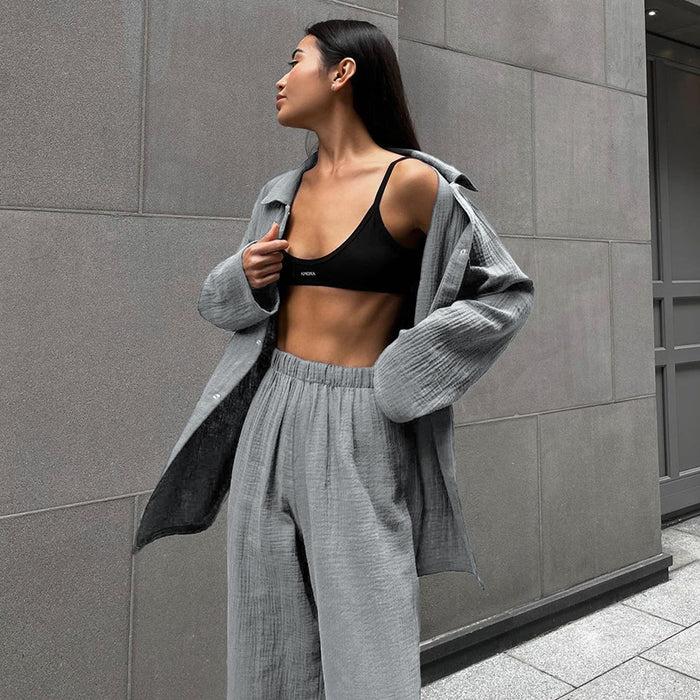 Autumn Pure Cotton Gray Long Sleeve Cardigan Pajamas Two Piece Loose Comfortable Trousers Ladies Homewear