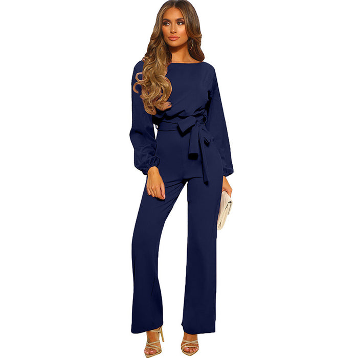 Spring Autumn Solid Color Jumpsuit Women Pullover Long Sleeve Waist Wide Leg Pants