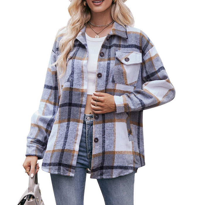 Women Autumn Winter Plaid Jacket Casual Loose Pockets Shirt