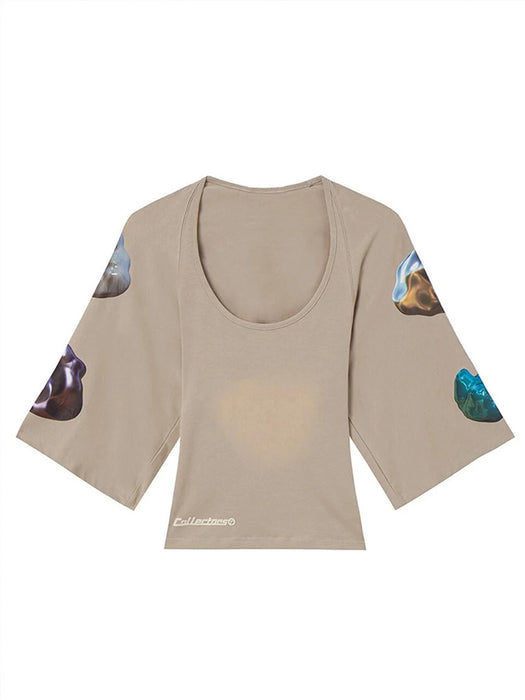 Hollow Out Cutout Backless Printed Cotton Elastic Wide Sleeve Women Top Beige Raglan Half Sleeve Fitted Short T shirt