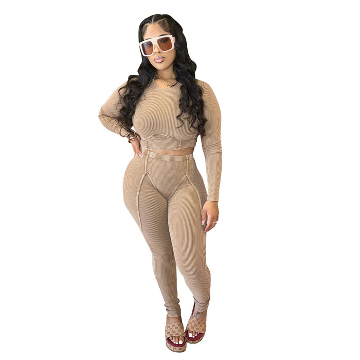 Women Wear Tight Sexy Sunken Stripe Long Sleeve Sports Two Suit