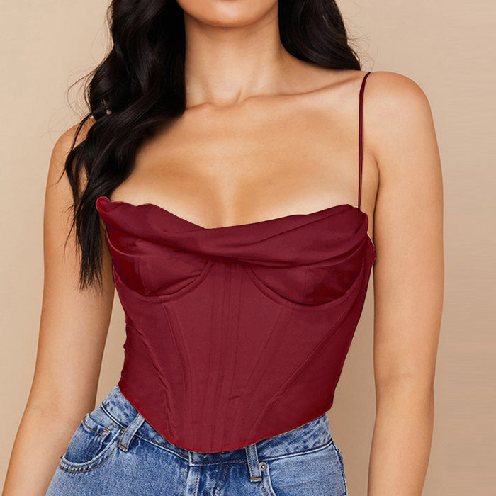 Fall Women Clothing Sexy Pile Collar Satin Pleated Camisole Top for Women Boning Corset Boning Corset Corset Bandana