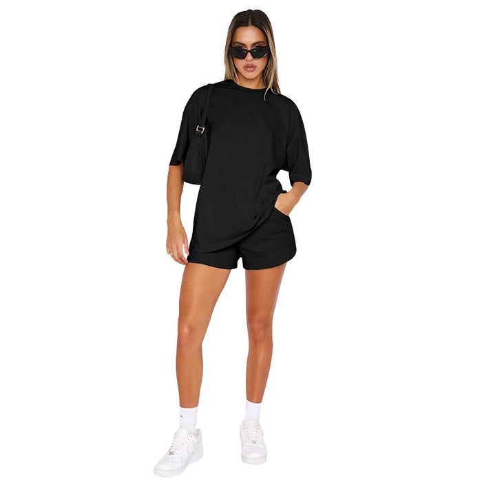 Solid Color round Neck Half Sleeve Pullover Top Women Clothing Casual Shorts Suit Summer