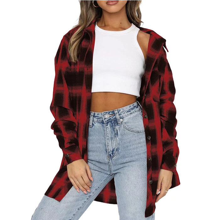 Women Autumn Winter Women Casual Pocket Loose Plaid Shirt