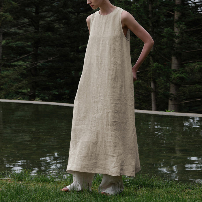 Cotton Linen Maxi Dress Summer French Pastoral Sleeveless Backless Hollow Out Cutout Niche Casual Loose Maxi Dress