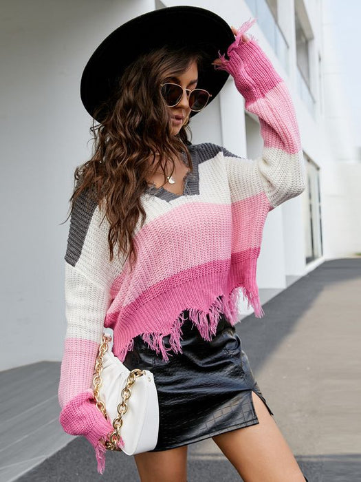 Pullover Women Loose Short V Neck Women Sweater Autumn Winter Tassel Knitwear