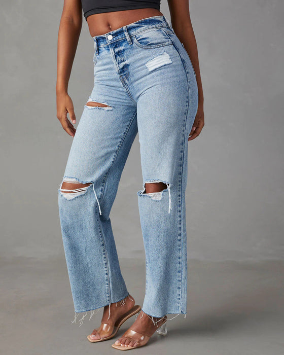 Ripped Raw Hem Jeans Casual Washed Women Straight Leg Pants Raw Hem High Waist Jeans