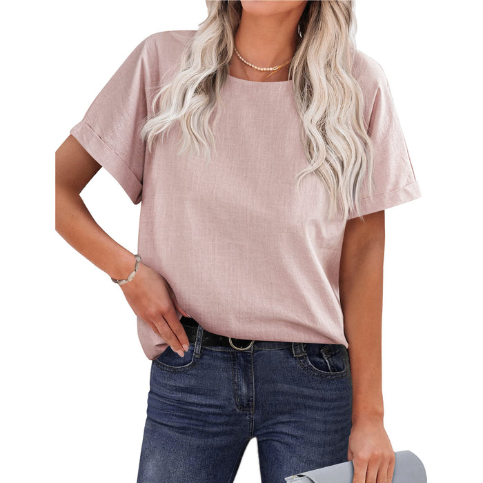 Summer Popular Women Shirt Short Sleeved Cotton Linen Shirt Casual Loose Round Neck Solid Color Loose Waist Top