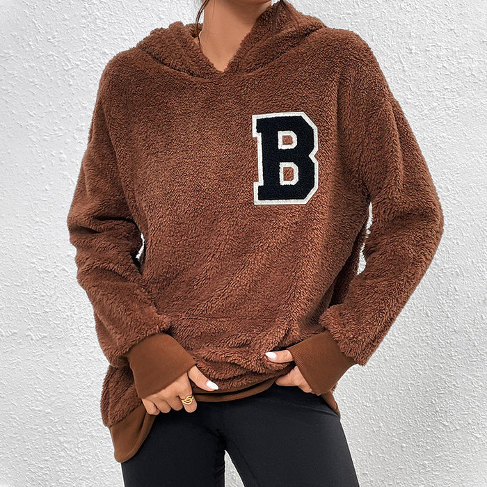 Winter Long Sleeve Hooded Solid Color Women Letter Graphic Fleece Pullover