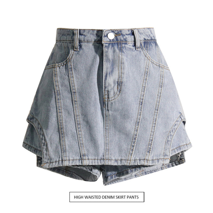 Spring Summer Irregular Asymmetric Design High Waist A  line Denim Skirted Leggings Anti Exposure Wide Leg Shorts Short Skirt for Women