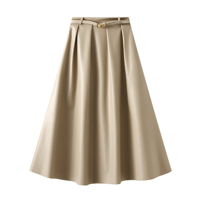 Retro Hong Kong Simple Graceful Faux Leather Skirt for Women High Waist Loose A line Big Hem Dress