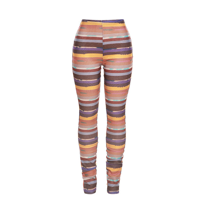 Fall Women Clothing Sexy Contrast Color Striped Stitching High Waist Thin Breathable Tight Casual Pants