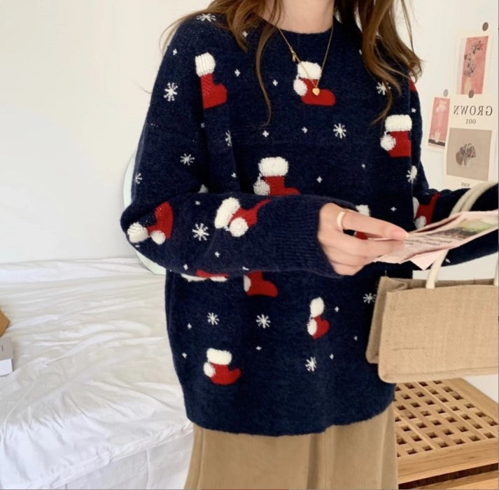 Christmas Festival Pullover Women Sweater Round Neck Loose Sweater