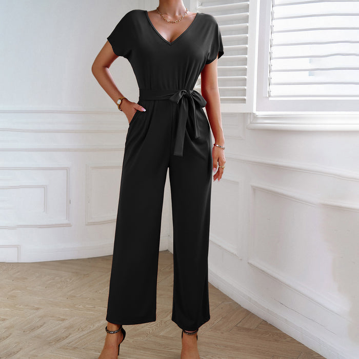 Solid Color Jumpsuit Women Summer Short Sleeve V neck Jumpsuit