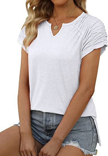 Summer Women Clothing V neck Cuff Pleating Hem Split Short Sleeved T shirt