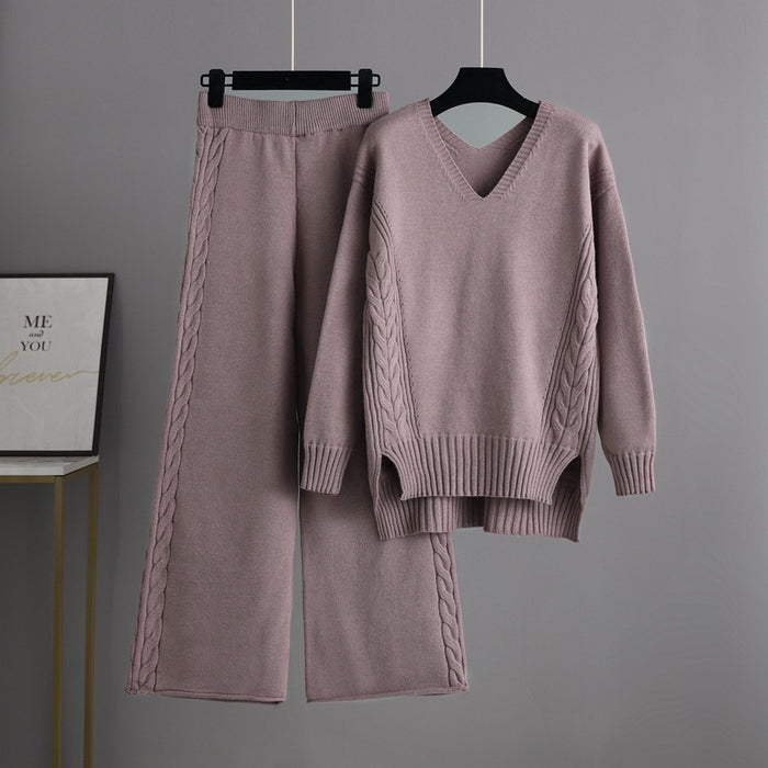 Knitted Wide Leg Pants Sweater Suit for Women Autumn Korean Loose Thick Twet