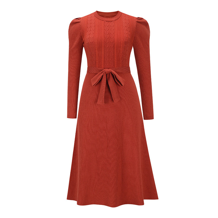 Autumn Winter Bubble Long Sleeve Knitted Dress Mid-Length Elegant Slimming High Waist Big Swing Dress Base Sweater Dress