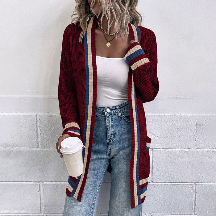 Contrast Color Striped Pocket Sweater Autumn Winter Sweater Women Cardigan Coat