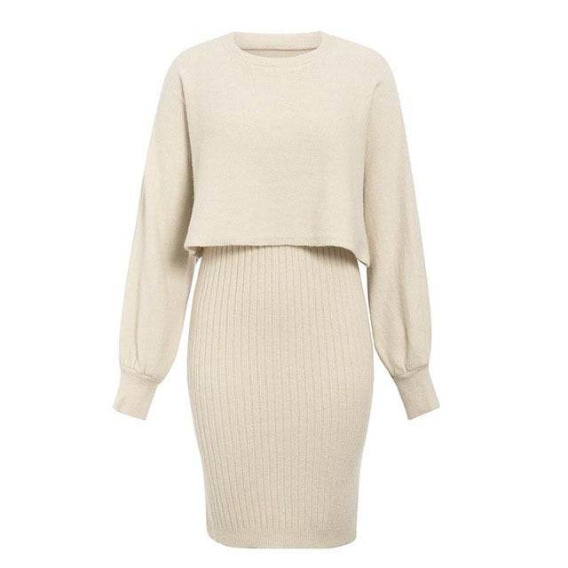 Knitted Two-Piece Classic High Waist Pullover Knitwear Half-Length Office Solid Color Dress