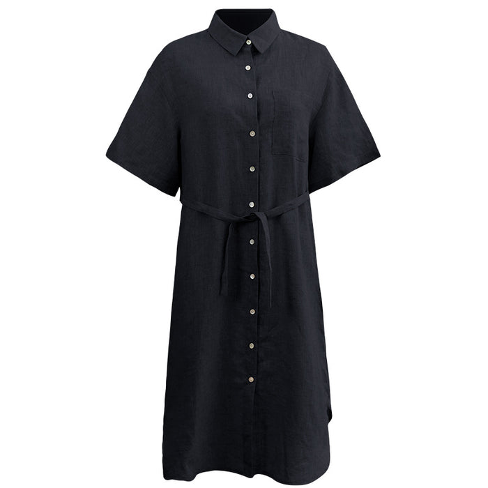 Pure Linen Dress Women Clothing Spring Summer Cotton Linen Women Mid Length Shirt Collar Short Sleeve