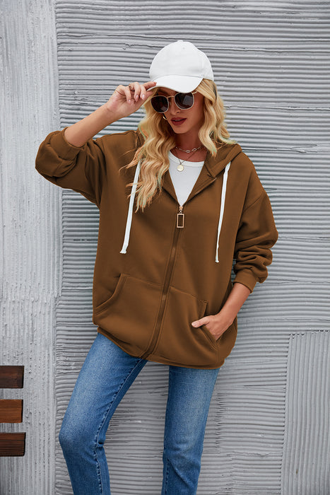 Women Cardigan Solid Color Long Sleeve Pocket Hooded Zipper Thickening Sweater Women