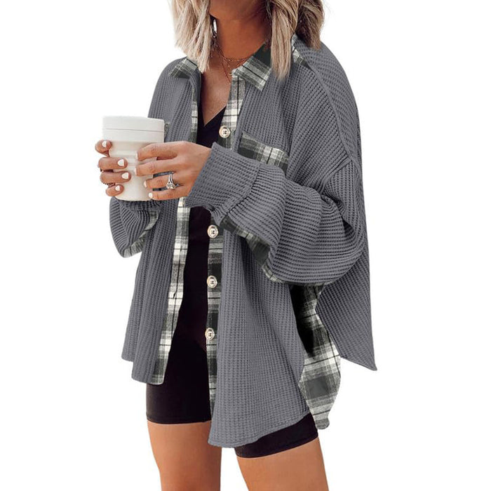 Women Autumn Winter Casual Waffle Knitted Jacket Loose Plaid