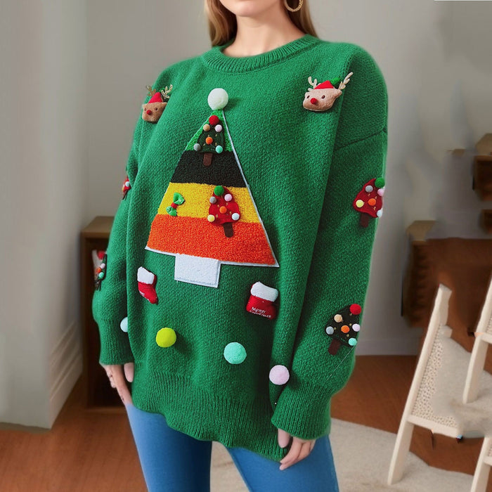 Sweater Christmas Tree Jacquard Three Dimensional Decoration Sweaters Women Clothing Knitwear