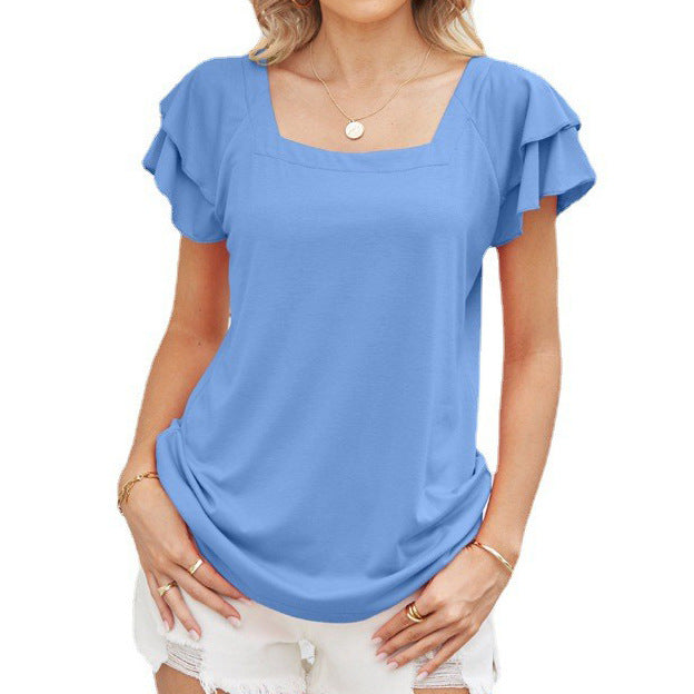 Summer Square Collar Ruffle Sleeve Petal Sleeve Short Sleeve Loose T Shirt Top Women