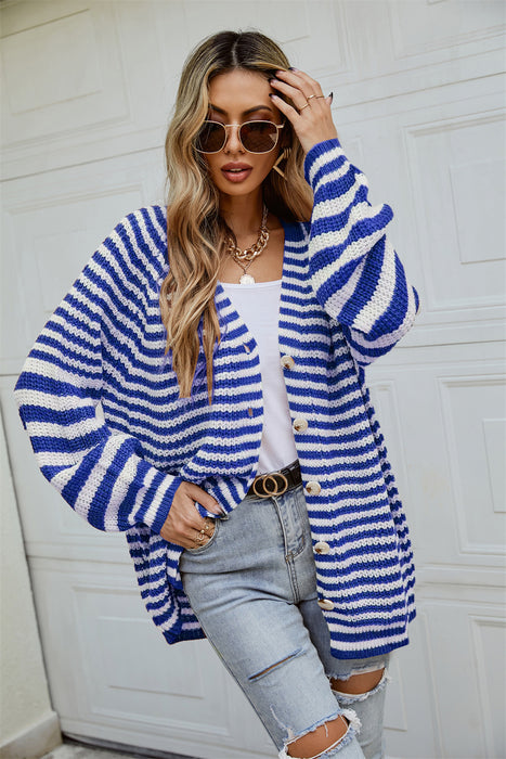 Autumn Winter Fashionable Striped Knitted plus Size Loose Idle Brown Single Breasted V neck Cardigan Sweater