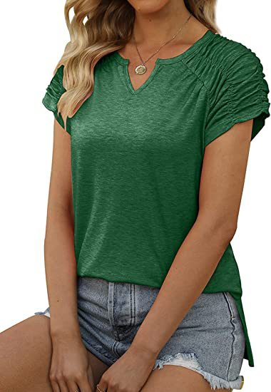 Summer Women Clothing V neck Cuff Pleating Hem Split Short Sleeved T shirt