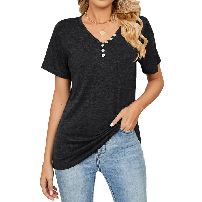 Summer Solid Color Short Sleeve Button Loose Fitting V Neck Top Women T Shirt