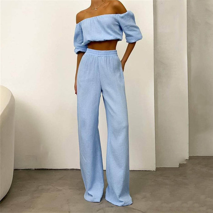 Two Piece Women  Summer Pure Cotton Champray Solid Color off Neck Short Sleeved Top High Waist Wide Leg Pants Casual Suit