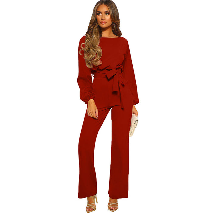 Spring Autumn Solid Color Jumpsuit Women Pullover Long Sleeve Waist Wide Leg Pants