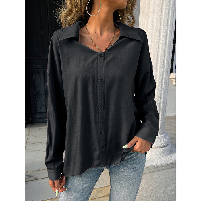 Summer Women Clothing Solid Color Long Sleeve Breasted V-neck Top Loose Shirt T-shirt Women