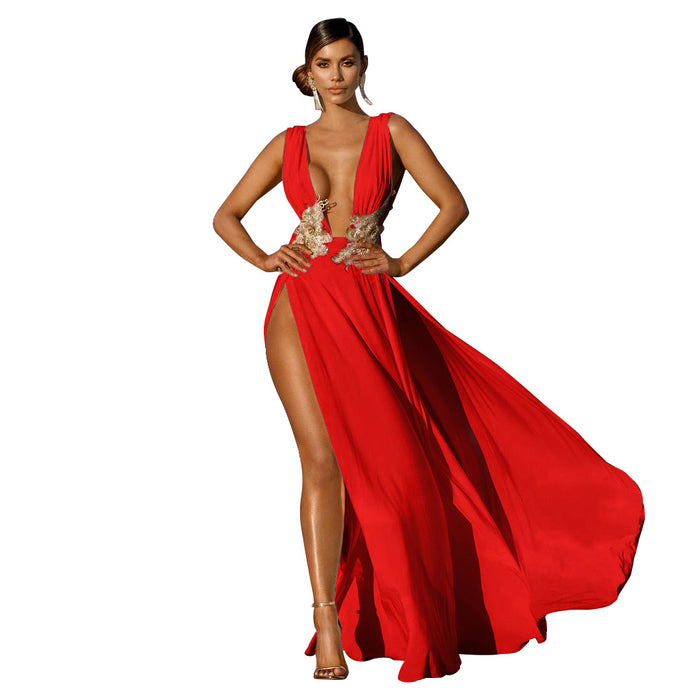 New Ladies Maxi Dress Sexy Fashion Wedding Evening Dress Deep V Plunge Plunge High Slit Part Large Swing Mop Dress