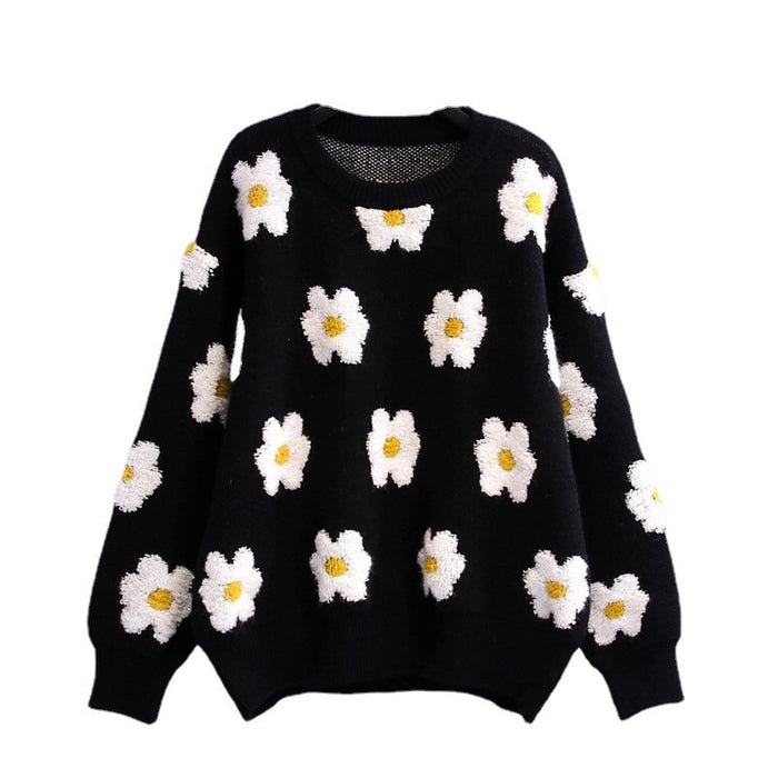 Autumn Winter Three Dimensional Little Daisy Thickened Black White Contrast Color Knitted Sweater Pullover for Women