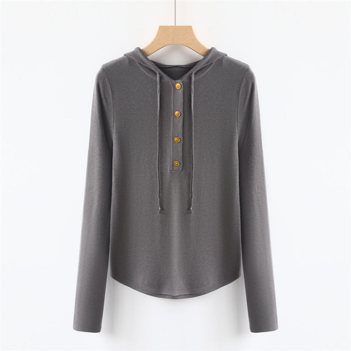 Brass Buckle Metal Texture Casual Hooded Sweater Women Autumn Winter Undershirt Woolen Sweater