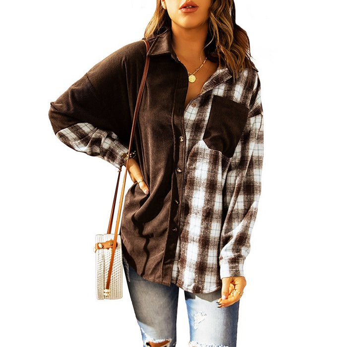 Cardigan Top Women Spring Autumn Single Breasted Plaid Contrast Color Corduroy Long-Sleeved Shirt for Women