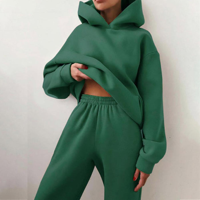 Autumn Winter Women Clothing Solid Color Trousers Thickened Long Sleeve Hooded Sweater Casual Set